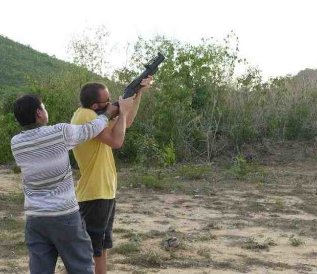 A friend shooting the grenade launcher