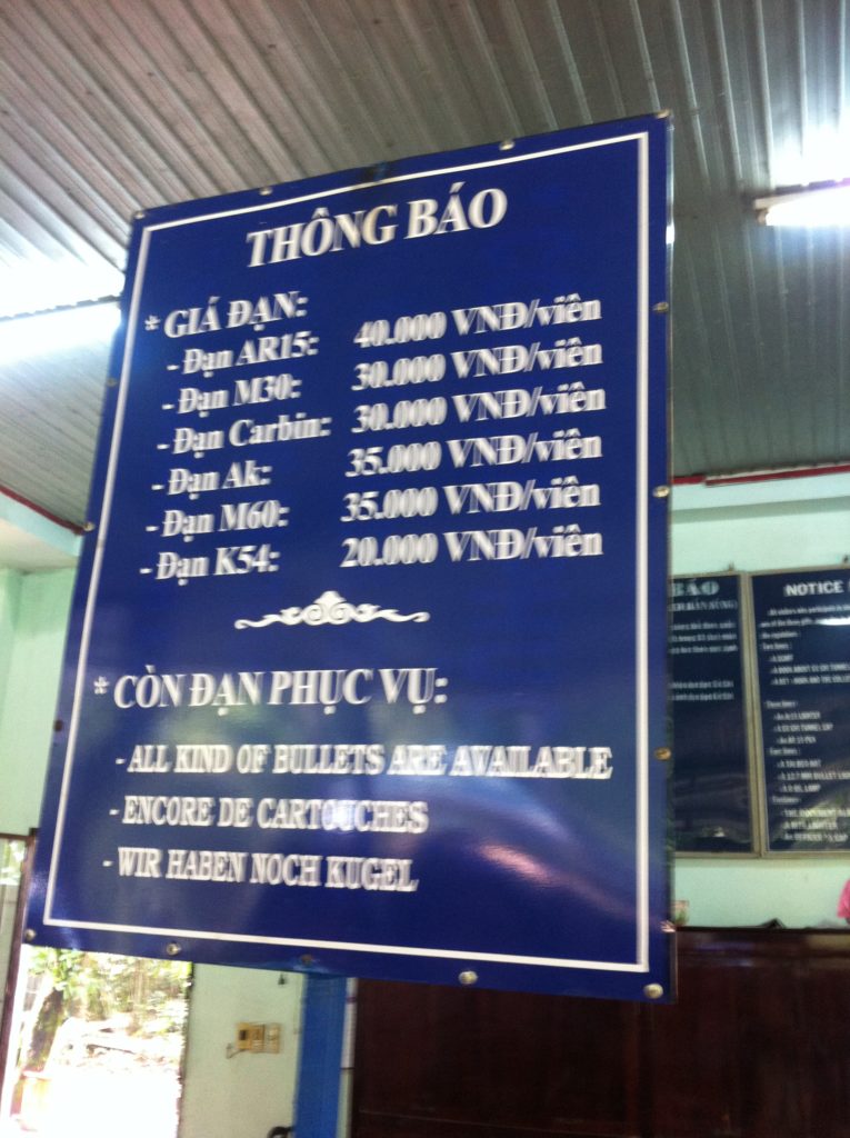 You thought ammo prices were bad here? This is the price list at the shooting range. Exchange rate is roughly 20,000 Vietnamese Dong to the dollar.