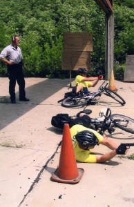 The author teaching bike patrol officers how to shoot from the crash position