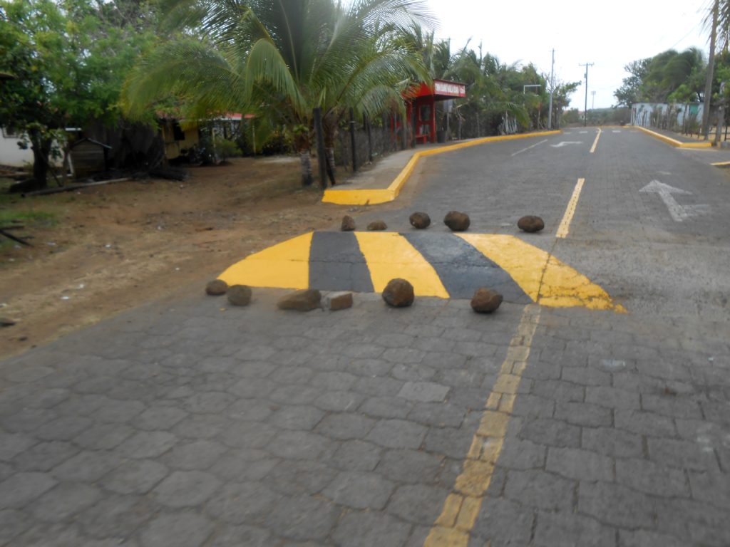 Third World problem solving. How do you protect your freshly painted speed bump if you don't have traffic cones? Just use big rocks.