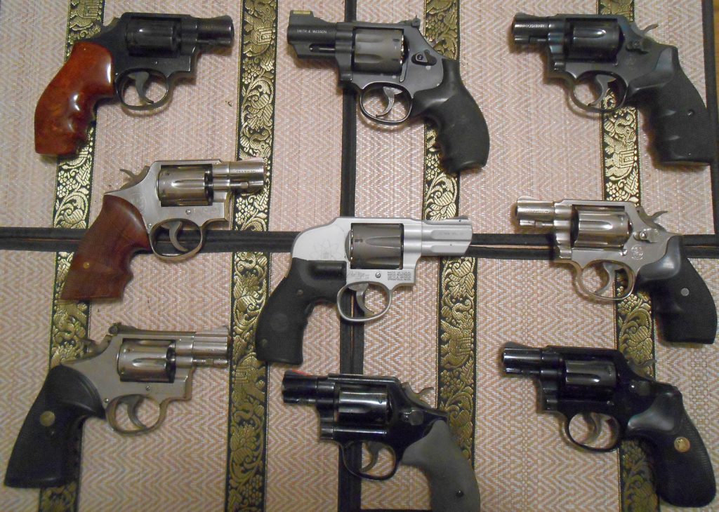 Top Row L-R: Model 10, Model 327 (L-Frame .357), Model 10. Middle Row L-R: Model 10 (nickel), Model 242 (7-shot L-frame .38) with CT laser grips, Model 12 (airweight nickel) Bottom Row L-R: Model 15 (adjustable sights, nickel), Model 10, Model 12 (airweight)