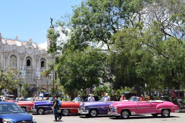 All of these are taxi cabs waiting for fares outside of one of the larger hotels in Havana