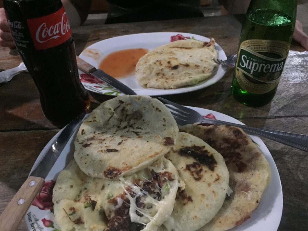 One of our typical dinners. Pupusas and drinks for less than $10.